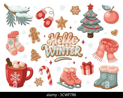 Winter-Clip-Art-Set mit weihnachtlichen Elementen und Hello Winter-Schriftzug. Cartoon Hand gezeichneter Vektor isolierte Illustration Stock Vektor
