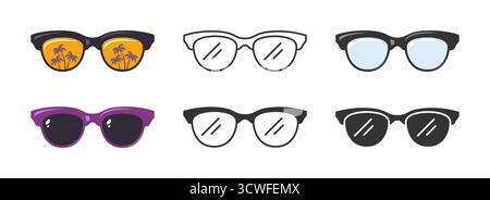 Sonnenbrille Palmen in Linsen. Modernes Brillenset aus klarem und dunklem Glas. Schlichte, flache Brille, Silhouette, Glyphe-Brille. Legere, minimalistische, stilvolle Brille, modisches Accessoire Stock Vektor
