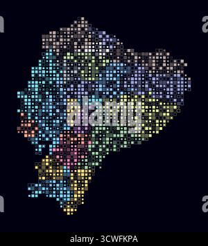 Ecuador, die Form des Landes, gebaut aus farbigen Zellen. Digitale Karte von Ecuador auf dunklem Hintergrund, bestehend aus kleinen quadratischen Blöcken. Stock Vektor