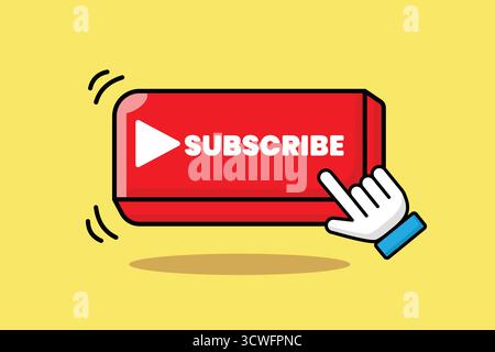 Flache Abbildung einer Abonniertaste mit zeigender Hand. Perfekt für YouTube, soziale Medien und digitales Marketing Stock Vektor