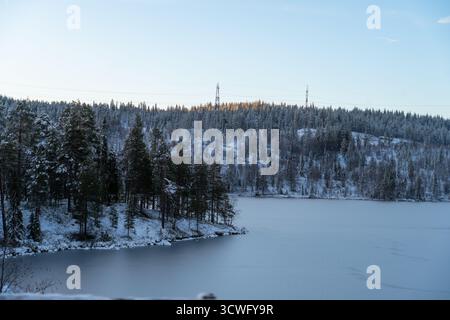 Eine ruhige Winterlandschaft mit einem gefrorenen See, schneebedeckten Kiefernwald und Stromleitungen auf dem fernen Hügel unter klarem Himmel Stockfoto