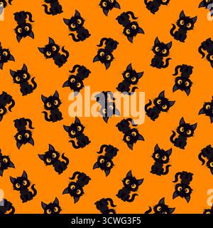 Nahtloses halloween-Muster mit schwarzen Katzen auf orangefarbenem Hintergrund. Stock Vektor