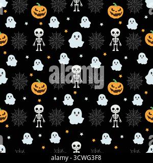 Nahtloses halloween-Muster mit Geistern, Skeletten, Kürbissen und Spinnweben auf schwarzem Hintergrund. Stock Vektor