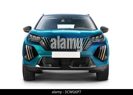 Vorderansicht eines blauen modernen B-suv auf transparentem Hintergrund. Stockfoto