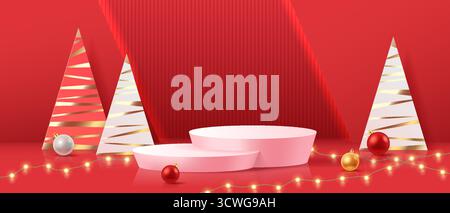 3D-Illustration einer festlichen Weihnachtsszene mit abstrakten Bäumen und Plattformen. Rote und goldene Farben dominieren. Perfekt für Präsentationen im Urlaub Stock Vektor