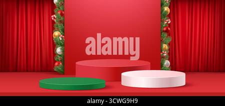 Weihnachtsbühne mit roten Vorhängen und verzierten Seiten. Mit grünen, roten und weißen Sockeln für festliche Präsentationen oder Displays. Ideal für Stock Vektor