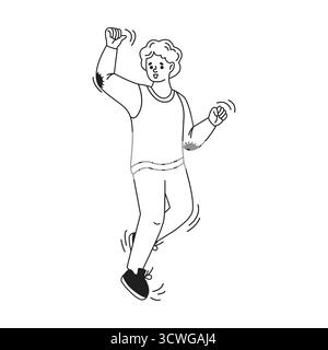 Illustration einer tanzenden Person in fröhlicher Pose. Schwarz-weiße Linienart. Energiegeladene Bewegungen mit minimalistischem Design auf einem einfarbigen bac Stock Vektor