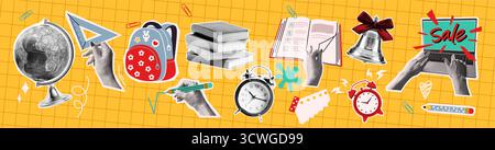 Farbenfrohe Collage aus Schulutensilien im Vintage-Stil. Mit Globus, Büchern, Weckern und Handschriften. Ideal für Bildung und Backtoschool Stock Vektor