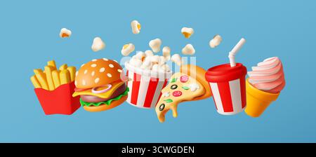 Lebendige 3D-Illustration mit einer Vielzahl von Fast-Food-Artikeln. Umfasst Burger, Pommes Frites, Popcorn, Pizza, Getränk, und Eis. Perfekt für Lebensmittel Stock Vektor