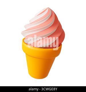 Eine lebendige 3D-Illustration eines Eiss in rosa und weißen Tönen in einem leuchtend gelben Kegel. Perfekt für sommerliche Designs und Werbeaktionen. Stock Vektor
