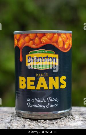 POLLENSA, MALLORCA, SPANIEN - 13. SEPTEMBER 2024 Dose Branston Baked Beans Nahaufnahme isolierter Produkte, die im Freien mit natürlichem Hintergrund aufgenommen wurden Stockfoto
