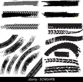 Reifenprofilmarkierungen Vektor-Set – Drift-, Rally-, Off-Road- und Motocross-Radstrukturen mit Grunge-Spritzern Stock Vektor