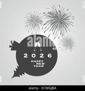 Schwarz-weiß-Neujahrskarte für das Jahr 2026 - Best Wishes Typografie auf einem minimalistischen Globus, ein Konzept, das die Neujahrsfeier überall repräsentiert Stock Vektor