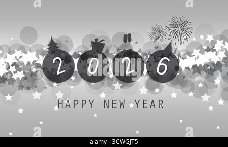 Grußkarte mit silbernem, grauem Happy New Year, Cover oder Hintergrund mit runden Zahlen und Symbolen, die den Fortschritt des Winterurlaubs darstellen Stock Vektor