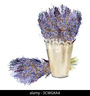 Cottage Lavendel Blumenstrauß in kleinem Topf mit filigranem Rand, lavandula-Blumenstrauß. Isolierte Illustration, handgezeichnet in Aquarell. Haushaltswaren Stockfoto