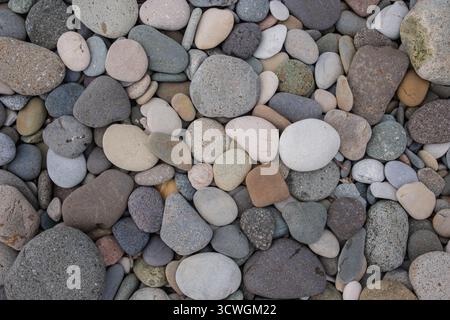 Bunte Kieselsteine am Strand. Texturen und Muster von glatten runden Kiessteinen. Nahaufnahme Stockfoto