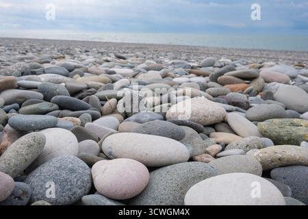 Bunte Kieselsteine am Strand. Texturen und Muster von glatten runden Kiessteinen. Nahaufnahme Stockfoto