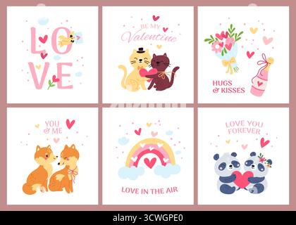 Niedliche Tierkarten. Valentinstag Symbole, Herzen und Fauna Paare verliebt, lustige Zeichentrickfiguren, romantische Szenen, glückliche Katzen, Füchse Familie und Stock Vektor