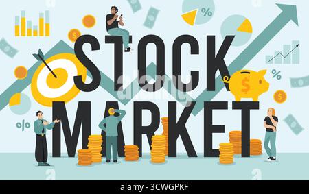 Börse großes Wort. Kopfzeilen-Typografie, Menschen handeln an Börsen, Finanzmakler und Investitionen, Gewinnwachstum und Umsatz-Cartoon Stock Vektor
