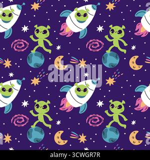 Grünes Aliens nahtloses Muster. Zeichentrickfiguren in Raketen, Freiräumen, wiederholten Planeten, Kometen und Sternen. Kindliches Textil, Geschenkpapier Stock Vektor