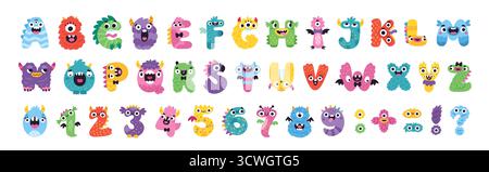 Monster-Schriftart für Kinder. Lustiges englisches Alphabet, süße helle Buchstaben und Zahlen, flauschige hässliche Kreationen, kindliche süße abc, kreative Zeichentricktiere Stock Vektor