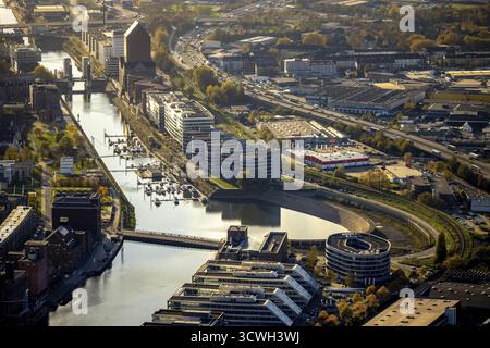 Luftaufnahme, Innenhafen, Landesarchiv Nordrhein-Westfalen Abteilung Rheinland, Yachthafen Marina Duisburg, Bürokomplex fünf Boote, The Curve Stockfoto