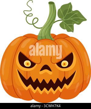 Halloween Kürbis, Jack o' Laterne. Handgezeichneter trendiger flacher Stil. Perfekt für Halloween-Party-Einladung, Grußkarte, Banner, Aufkleber, Poster. Gruseliger Jack. Vektorabbildung Stock Vektor