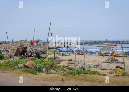Fischerboote und Unterstände am Strand von Negombo, Sri Lanka Stockfoto