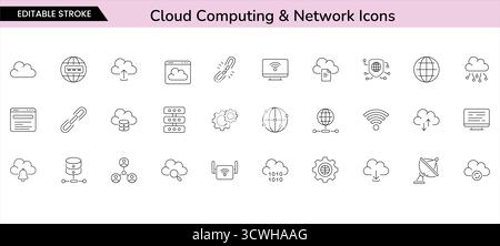 Minimale Symbole für Cloud-Computing, Datenspeicherung und Internetverbindung. Perfekt für Technologie-, IT- und digitale Netzwerkprojekte. Stock Vektor
