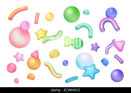 3D-Objekte und festliches Dekor zur Feier einer Geburtstagsfeier, einer lustigen Veranstaltung oder eines Karnevals. Niedliche bunte Überraschungsballons und Sterne, Ringe und abstrakte Formen, fallende Konfetti-Vektor-Illustration Stock Vektor