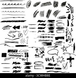 Scribbles and Sketch Graphic Pack – anthrazitfarbene Skizzen, Pfeile, Pinselstriche und Doodle Elements Vektorsatz Stock Vektor