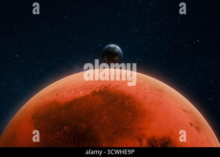 Erde und Mars im Weltraum zusammen gesehen, wobei der Kontrast zwischen dem Blauen Planeten und dem Roten Planeten vor Einem sternenklaren Hintergrund hervorgehoben wird. Roter März Stockfoto