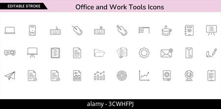 Symbole für Büro- und Arbeitsgeräte – Minimal Line Style Business and Productivity Vector Collection Stock Vektor