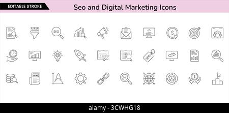 SEO- und Digital Marketing-Symbol im Outline-Stil festgelegt Stock Vektor