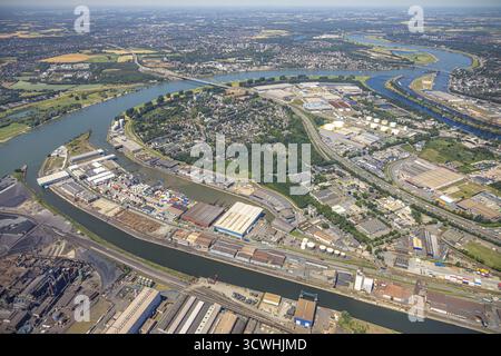 Luftaufnahme, Parallelhafen, Außenhafen, Rhenushafen Logistik Rhein-Ruhr, Rhein, Rheinbrücke Neuenkamp, Neuenkamp, Duisburg, Ruhrgebiet, Nort Stockfoto