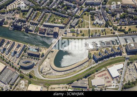 Aus der Vogelperspektive, The Curve, Duisburger Innenhafen, Duisburger Jachthafen, Garten der Erinnerung, Bürokomplex Five Boats, Kasslerfeld, Duisburg, Ruhrgebiet, N Stockfoto