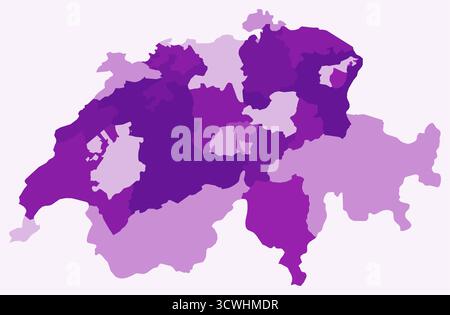 Karte der Schweiz mit Regionen. Nur eine einfache Ländergrenzkarte mit regionaler Aufteilung. Lila Farbpalette. Stock Vektor
