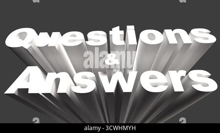 Hintergrundpräsentationsvorlage Für Fragen Antworten Der Folie. Fettgedruckter, weißer 3D-Text zum Lesen von Fragen Antworten auf dunkelgrauem Hintergrund, ideal für den Einsatz in Konsolen Stockfoto
