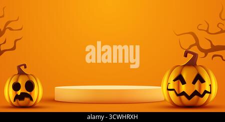 Halloween Party Banner mit gruseligen Kürbissen und einem Produktständer. Perfekt für Urlaubsangebote. Vektorabbildung Stock Vektor