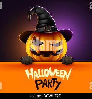 Freundliche Jack o Laterne mit Hexenhut blickt über ein Halloween-Party-Banner. Perfekte schaurige Staffel-Illustration. Vektorabbildung. Stock Vektor