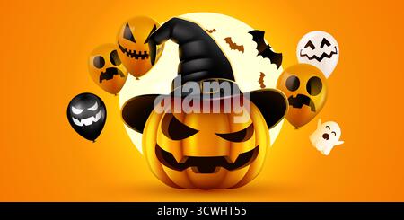 Gruseliger Halloween Jack o Laterne mit Hexenhut und unheimlichen Ballons, Fledermäusen und Geistern auf leuchtendem orangefarbenem Hintergrund. Vektorabbildung. Stock Vektor