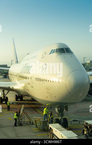 Frankfurt am Main, Deutschland. Oktober 2025. Flugvorbereitungsarbeiten für den Flug am Flughafen im Morgenlicht Stockfoto