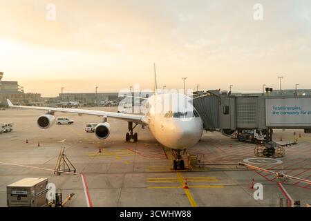 Frankfurt am Main, Deutschland. Oktober 2025. Flugvorbereitungsarbeiten für den Flug am Flughafen im Morgenlicht Stockfoto