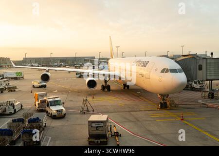 Frankfurt am Main, Deutschland. Oktober 2025. Flugvorbereitungsarbeiten für den Flug am Flughafen im Morgenlicht Stockfoto