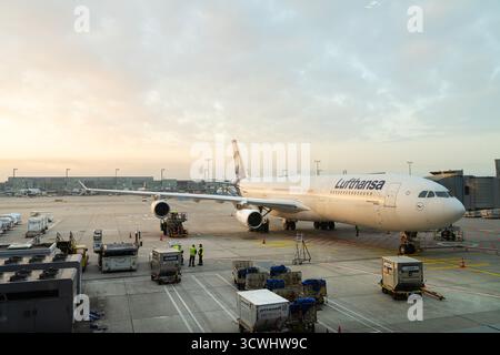 Frankfurt am Main, Deutschland. Oktober 2025. Flugvorbereitungsarbeiten für den Flug am Flughafen im Morgenlicht Stockfoto
