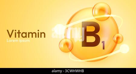 Vitamin-B1-Ergänzungskonzept mit glänzend gelben Kugeln und Molekularstruktur. Vektorabbildung Stock Vektor