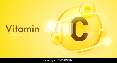 Vitamin-C-Ergänzungskonzept mit glanzgelben Kugeln und Molekularstruktur. Vektorabbildung Stock Vektor