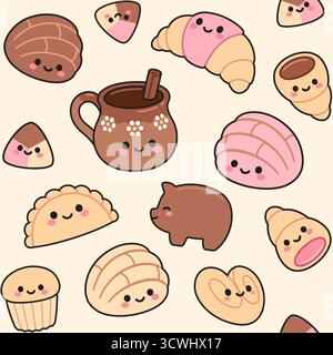 Traditioneller mexikanischer Kaffee und süßes Kawaii-Gebäck im nahtlosen Muster. Conchas, Cuernitos, Puerquitos, Polvorone. Niedliche Zeichentrickvektor-Illustration. Stock Vektor
