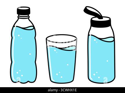 Glas Wasser, Kunststoff-Wasserflasche und wiederverwendbare Glasflasche. Zeichentrick-Doodle-Zeichensatz, isolierte Vektor-Clipart-Illustration. Stock Vektor