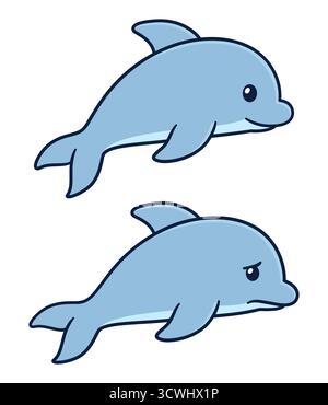 Glücklicher und trauriger Zeichentrickdolfin, einfache handgezeichnete Illustration. Isolierte Vektor-Clipart-Zeichnung. Stock Vektor